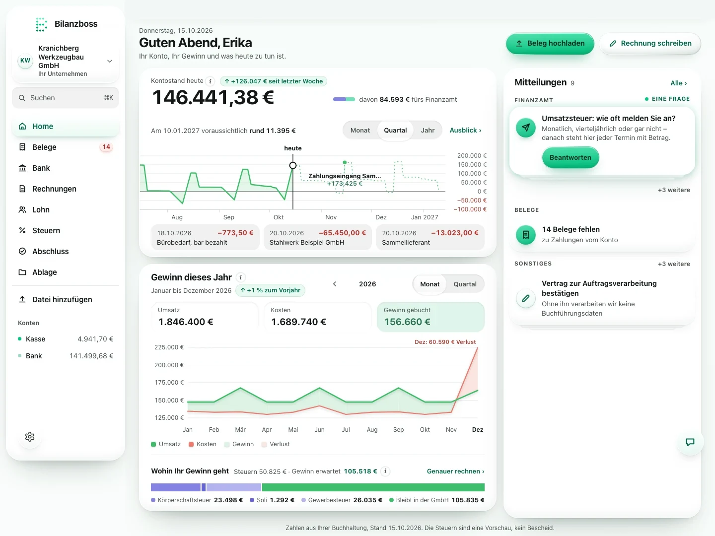 Die Übersicht im Portal: Kontostand, Ausblick, Gewinn dieses Jahr und Mitteilungen einer Beispielfirma mit erfundenen Zahlen
